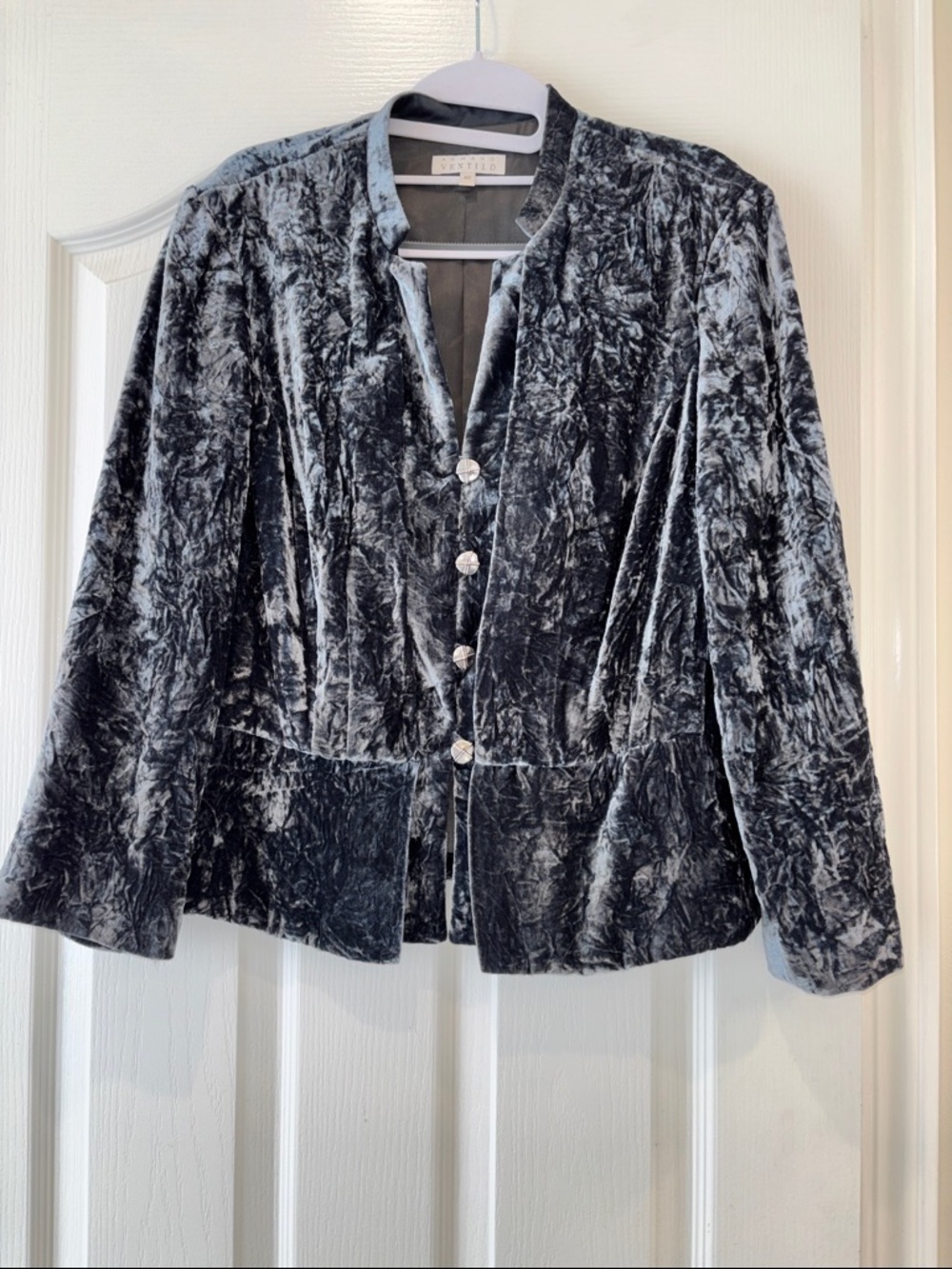 Crushed Velvet Collarless Blazer in Steely blue by Armand Ventilo